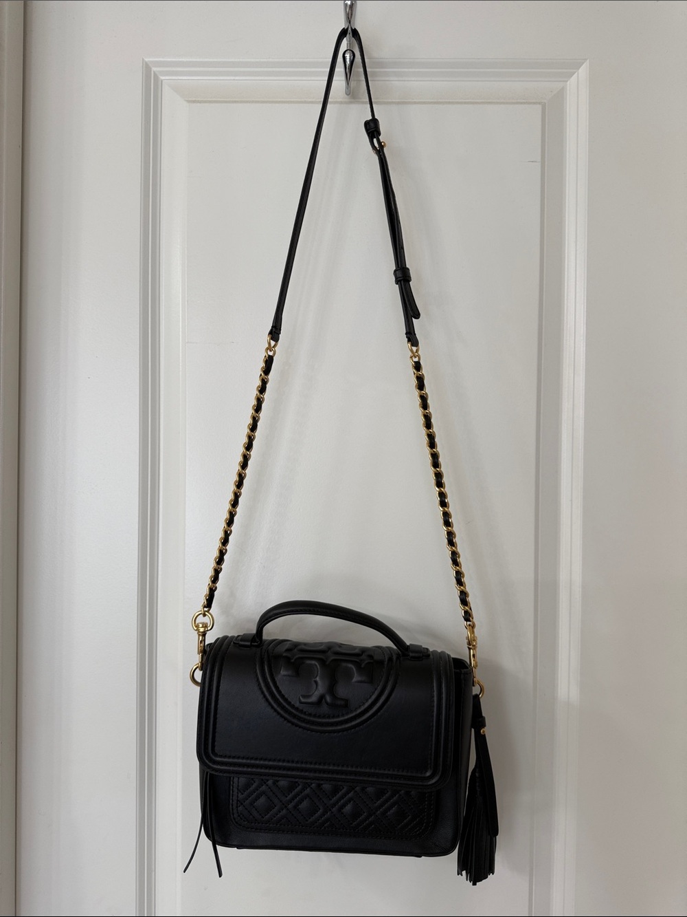 Tory Burch Inspired Black Quilted Leather Crossbody with Tassel